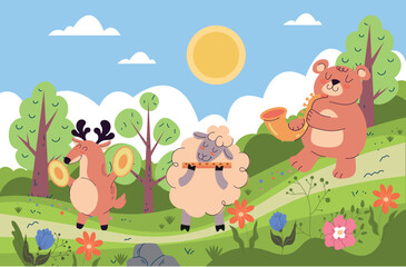 Fototapeta premium Forest animals musician playing music on meadow concept. Graphic design illustration
