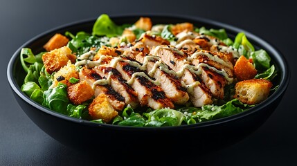 Fototapeta premium A gourmet chicken Caesar salad with perfectly grilled slices and rich dressing is presented in a deep black bowl against a dramatic dark backdrop for upscale menus.