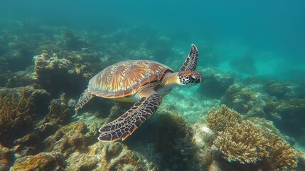 Obraz premium A giant turtle swimming gracefully in the open sea surrounded by coral reefs