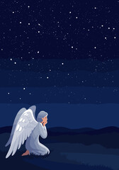 Angel contemplating under a starry night sky  