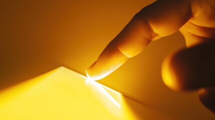 Fingertip touching illuminated screen, night, glowing