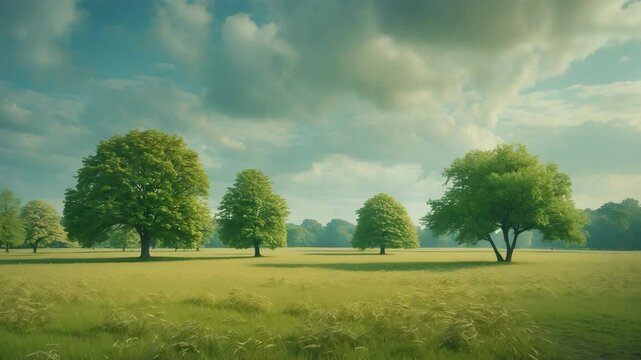 An expansive field with some trees spread across. The clouds fill the sky and the setting is serene.