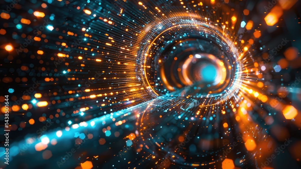 Poster Abstract of particles glowing vivid light with fractal style effect. Futuristic style vortex scene and vividness of color seamless pattern in space. Spiral on universe scene perfect for design. AIG53.