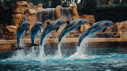 A pod of dolphins leaping out of the water in a synchronized display