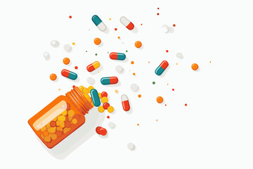 Bright, illustrated scene of scattered colorful pills.