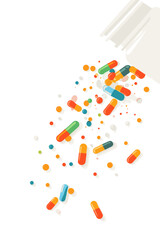 Bright, illustrated scene of scattered colorful pills.