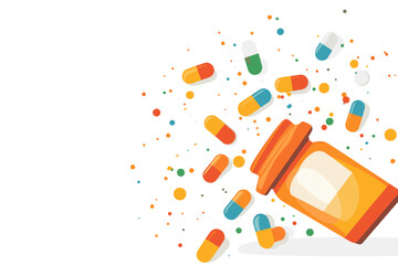 Bright, illustrated scene of scattered colorful pills.