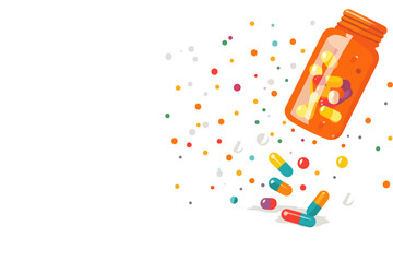 Bright, illustrated scene of scattered colorful pills.