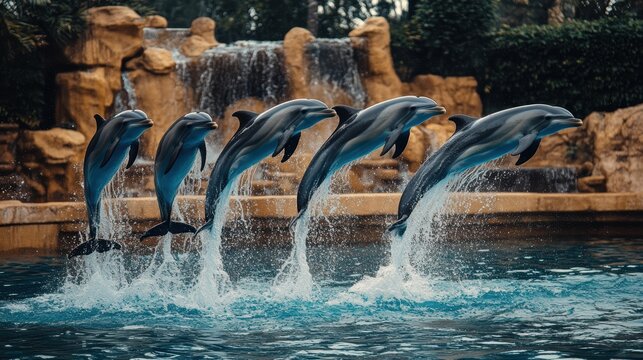 A pod of dolphins leaping out of the water in a synchronized display
