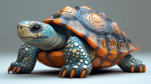 A tortoise with a shell adorned in patterns of nature crawling in the wild