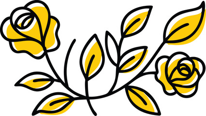 Simple Yellow Roses and Leaves Line Art Illustration