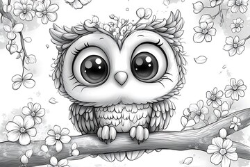 Fototapeta premium Adorable cartoon owl perched on a blossoming branch