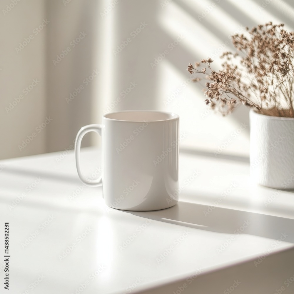 Poster white mug on a white table next to a vase with dried flowers, bathed in the soft light of a sunny da