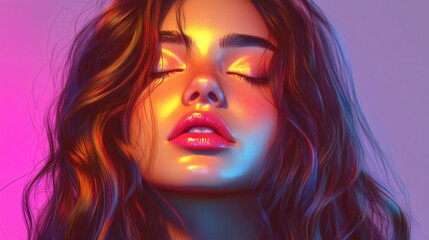 Fototapeta premium Young woman with vivid makeup, showcasing colorful lighting and soft features, perfect for beauty or fashion themes.