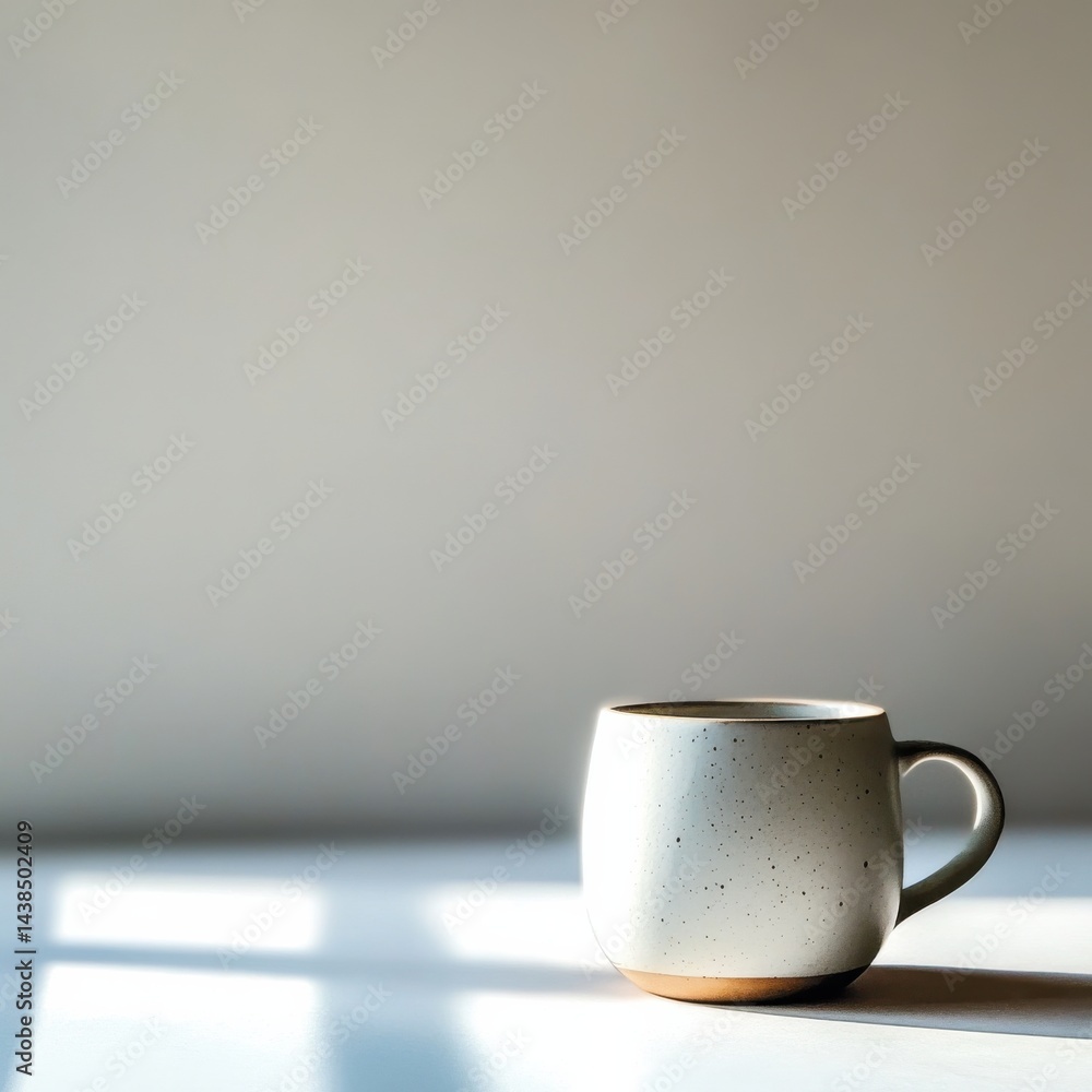 Aufkleber still life of a speckled ceramic mug with a smooth finish, resting on a white surface with soft ligh