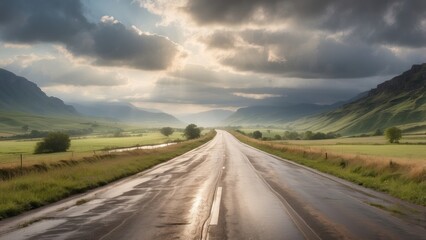 Fototapeta premium A winding, wet road meanders through a lush green landscape,