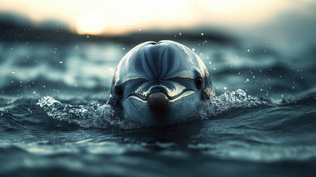 A close-up of a dolphin is face as it breaks the surface of the water