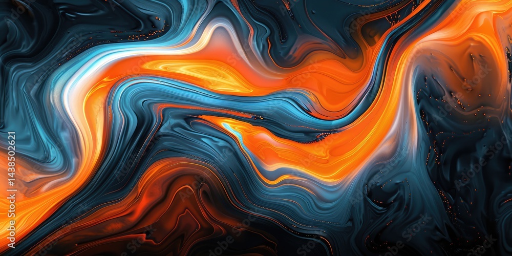 Poster abstract composition with intertwined orange and blue curves on a dark background. background image 