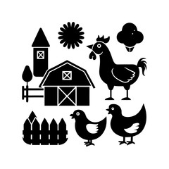 Set of cute farm animals and objects vector illustration
