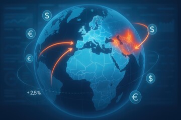 Global Financial Flow: A dynamic illustration of global finance showcases the flow of money and currency across the world, with the planet and currency symbols. Demonstrating international trade.