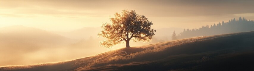 Solitary Tree at Dawn in Misty Hills