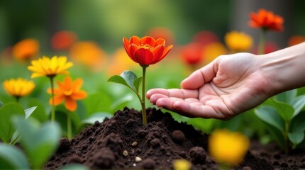 Nurturing blooming garden with hand protecting vibrant flower.