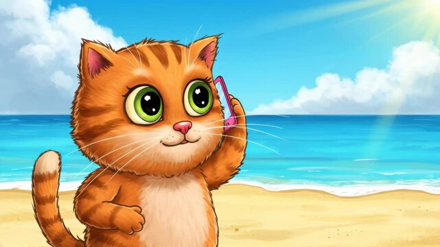 Cute cartoon kitten holding phone on sunny beach with gentle motion