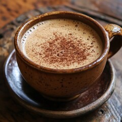 Warm beverage in a rustic mug on a wooden surface, perfect for relaxation or a cozy break, creating a sense of comfort and enjoyment.