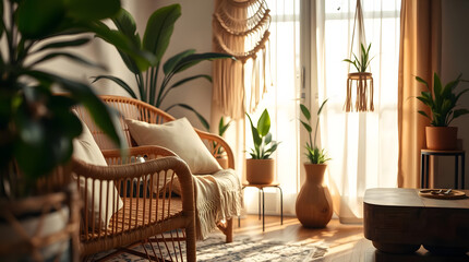 Bright boho-style living room with large windows, rattan armchair, natural wood coffee table, surrounded by indoor plants like monstera, fiddle leaf fig, cozy and earthy vibe, rustic wooden floor.