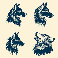 Set of dark stickers on a sweet background. Vector profiles of formidable wolves. Stylized portraits of predatory animals isolated from the background