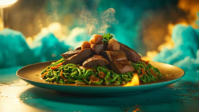 A serving of gbegiri and ewedu with fish and beef.