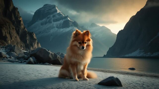 A solitary dog reflects on the beach in brisk weather. Gloomy sky. Bay from the sea surrounded by the gorges of two mountains. Stony terrain.