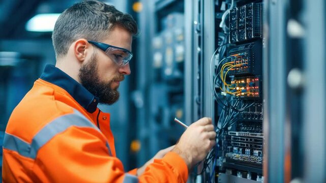 A technician in an orange uniform works on network cables inside a server, demonstrating technical expertise in an industrial setting.