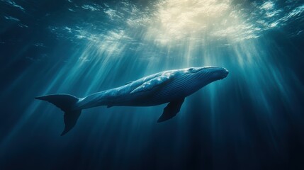 A blue whale gliding through deep ocean waters with sunlight filtering through