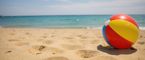 Colorful beach ball on sunny seaside sand.