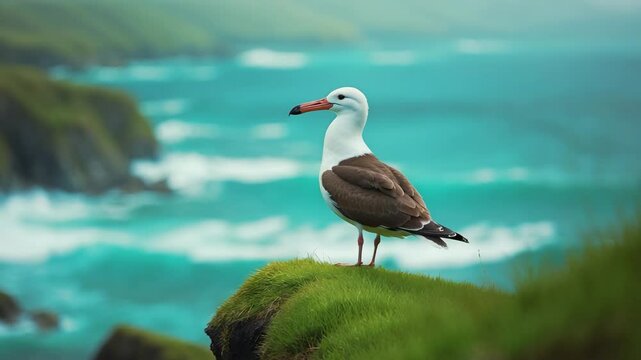 A Razorbill on the edge of a grassy cliff against a hazy background