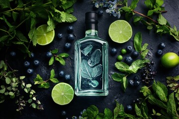 Refreshing botanical gin ingredients arranged in a dark setting