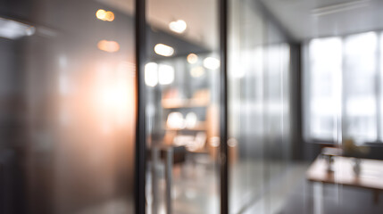 Blurred office interior background modern workspace digital content urban environment wide angle view