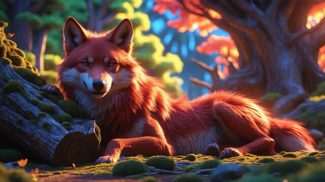 A red wolf positioned behind a log