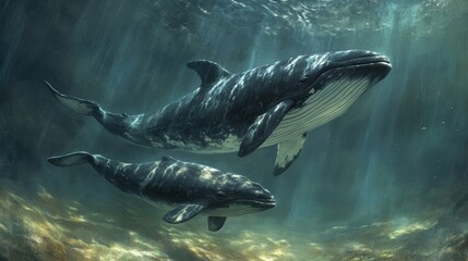 Fototapeta premium A baby whale swimming alongside its mother in the calm ocean