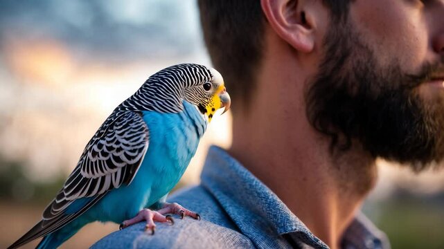 A speaking parrot rests on a man's shoulder, beside his ear. The budgie murmurs to its owner. Trusting connections between humans and their companions.