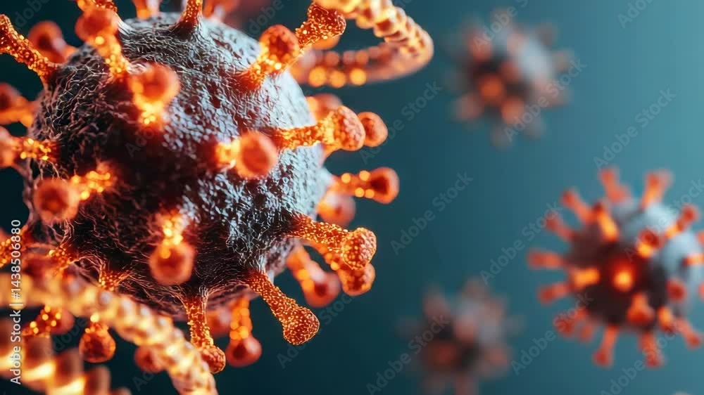 Poster a detailed visualization of a virus under a microscope, showcasing its structure with spikes and gen