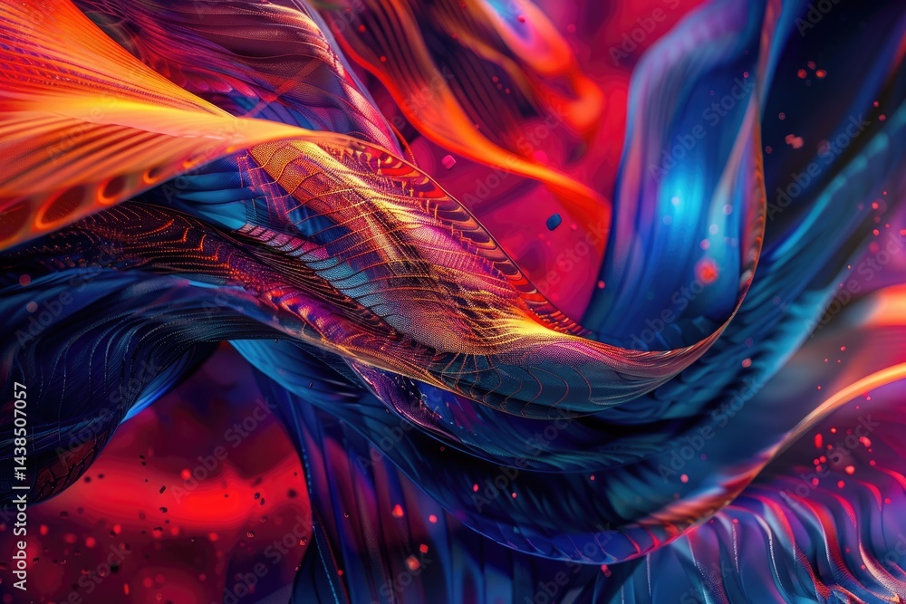Poster 3d abstract mesh fabric with pink and blue waves. textured and fluid design. background image of red