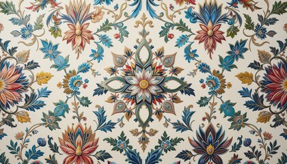 Intricate floral pattern with symmetrical arrangement and vibran