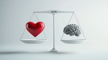 Heart vs Brain balance scale;  emotional vs. rational;  white background; concept image