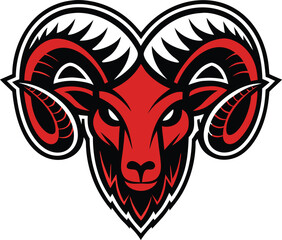 Fierce Ram Head Logo with Curled Horns Red Face Aggressive Mascot Design for Sports Team Emblem Vector Graphic