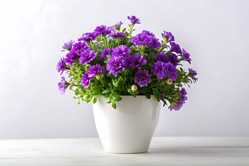 Fototapeta premium Vase decorate plants purple flowers isolated on white background