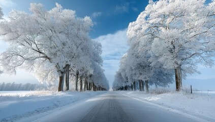 Obraz premium A snow-covered road leading to the horizon, lined with towering trees covered in pristine white