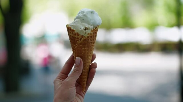 A woman's hand holds a cup of ice cream.
Waffle cone with ice cream.
Ice cream on a hot day.
Girl with dessert in her hands.
Cold ice cream