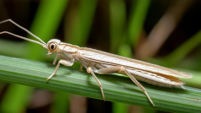 Close up of delicate brown dobsonfly crawling along blade of grass in a natural environment